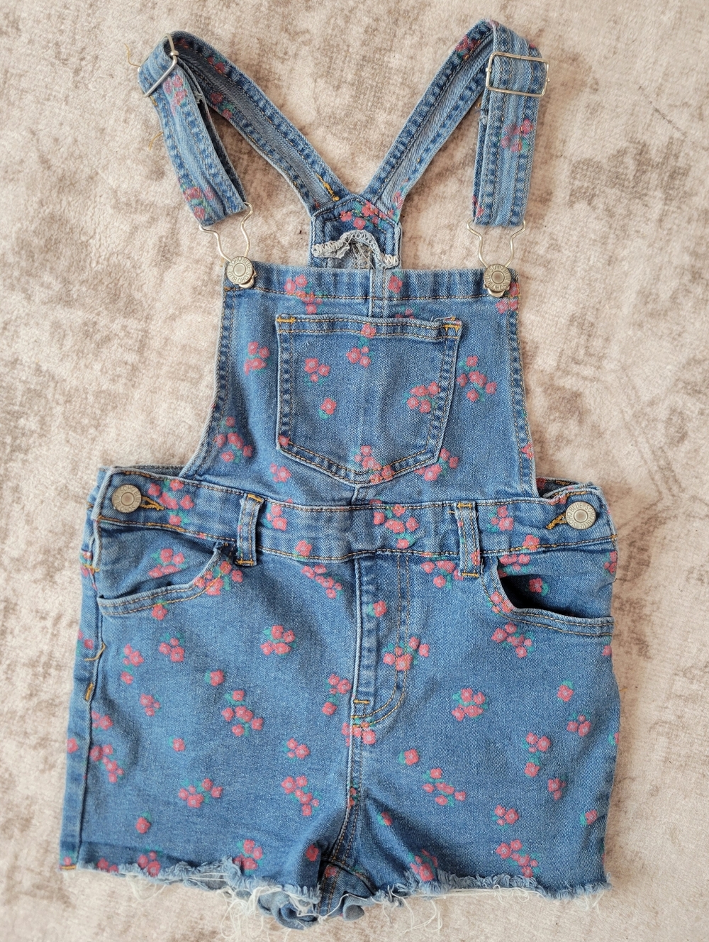 Soho Blue Denim Girls 6X Overall Shorts Medium Wash Floral Cutoff Stretch Summer